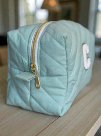 Quilted Makeup Bag | Personalized Padded Cotton Cosmetics Case | Gold Metallic | Chenille Varsity Letter | Travel Toiletry Pouch