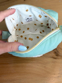 Quilted Makeup Bag | Personalized Padded Cotton Cosmetics Case | Gold Metallic | Chenille Varsity Letter | Travel Toiletry Pouch