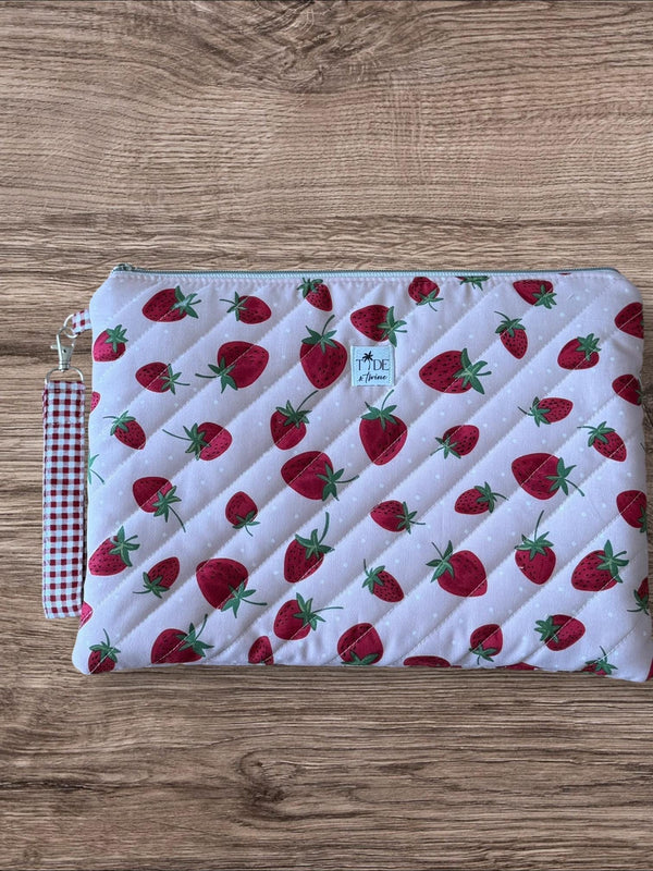 Quilted Strawberry Laptop Sleeve w/ Keychain Carrying Strap | Puffy Padded iPad Pouch (Machine Washable)