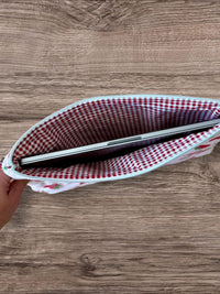 Quilted Strawberry Laptop Sleeve w/ Keychain Carrying Strap | Puffy Padded iPad Pouch (Machine Washable)