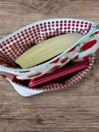 Handmade Quilted Book Sleeve w/ Keychain Strap | Strawberry Print Zippered Pouch