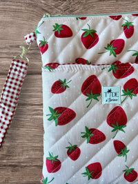 Handmade Quilted Book Sleeve w/ Keychain Strap | Strawberry Print Zippered Pouch
