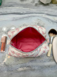 Handmade Quilted Makeup Bag | Pink Bows Travel Pouch | Zippered Toiletry Bag | Machine Washable