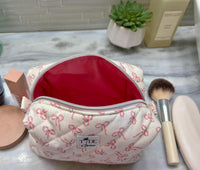 Handmade Quilted Makeup Bag | Pink Bows Travel Pouch | Zippered Toiletry Bag | Machine Washable