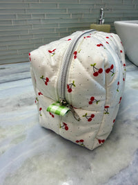 Quilted Cherry Makeup Bag | Puffy Travel Pouch, Zippered Toiletry Boxy Bag | Cherries