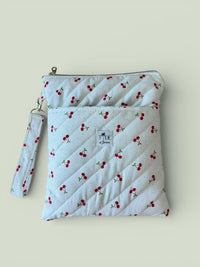 Quilted Cherry Book Sleeve w/ Keychain Strap | Kindle Zippered Pouch | Travel Book Bag