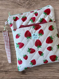 Handmade Quilted Book Sleeve w/ Keychain Strap | Strawberry Print Zippered Pouch