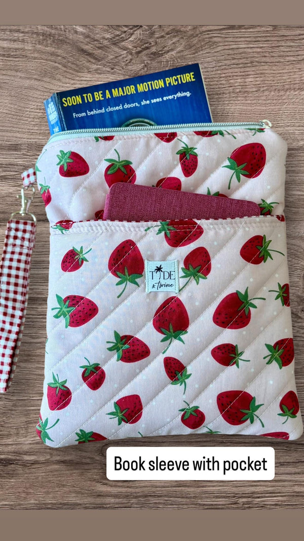 Handmade Quilted Book Sleeve w/ Keychain Strap | Strawberry Print Zippered Pouch