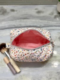 Handmade Wildflower Quilted Makeup Bag | Puffy Travel Pouch, | Zippered Cosmetic Case | Toiletry Boxy Bag