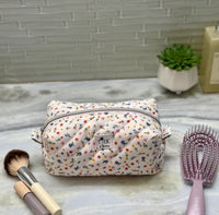 Handmade Wildflower Quilted Makeup Bag | Puffy Travel Pouch, | Zippered Cosmetic Case | Toiletry Boxy Bag