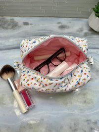 Handmade Wildflower Quilted Makeup Bag | Puffy Travel Pouch, | Zippered Cosmetic Case | Toiletry Boxy Bag
