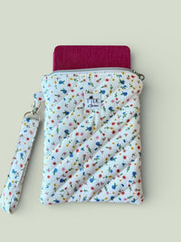 Handmade Quilted Kindle Sleeve w/ Keychain Strap | e-Reader Zippered Pouch | Wildflowers | Travel Bag for Books | Machine Washable