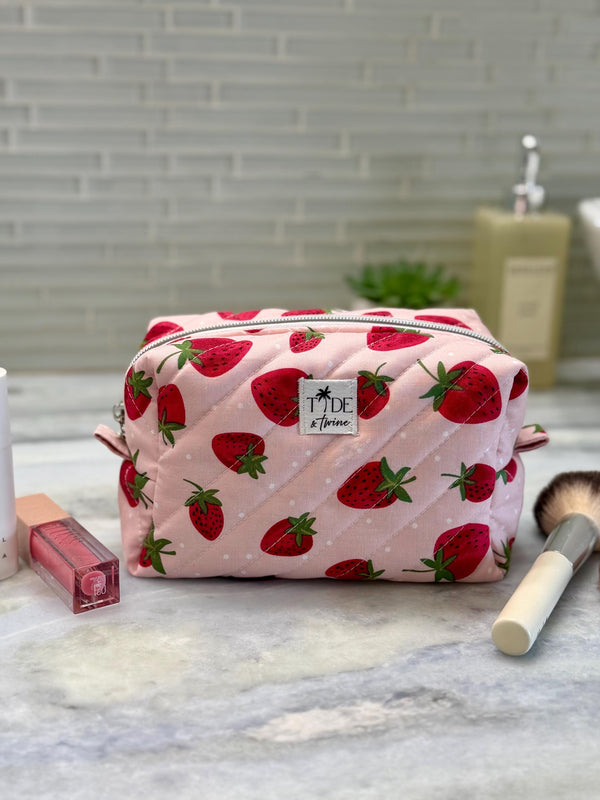 Handmade Quilted Strawberry Makeup Bag | Cotton Travel Pouch | Padded Cosmetics Case
