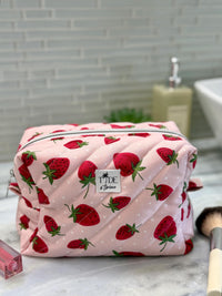Handmade Quilted Strawberry Makeup Bag | Cotton Travel Pouch | Padded Cosmetics Case