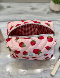 Handmade Quilted Strawberry Makeup Bag | Cotton Travel Pouch | Padded Cosmetics Case