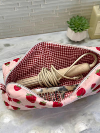 Handmade Quilted Strawberry Makeup Bag | Cotton Travel Pouch | Padded Cosmetics Case