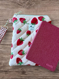 Handmade Quilted Kindle Sleeve w/ Carrying Strap | e-Reader Zippered Pouch | Strawberry | Travel Bag for Books | Machine Washable