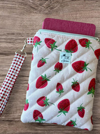 Handmade Quilted Kindle Sleeve w/ Carrying Strap | e-Reader Zippered Pouch | Strawberry | Travel Bag for Books | Machine Washable