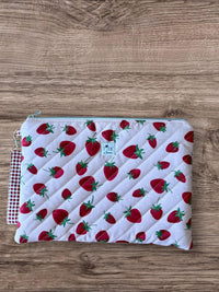 Quilted Strawberry Laptop Sleeve w/ Keychain Carrying Strap | Puffy Padded iPad Pouch (Machine Washable)