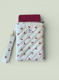 Quilted Cherry Kindle Sleeve w/ Keychain Carrying Strap | Zippered e-Reader Padded Pouch | Travel Bag in Cherries (Machine Washable)