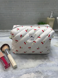 Quilted Cherry Makeup Bag | Puffy Travel Pouch, Zippered Toiletry Boxy Bag | Cherries