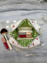 Quilted Cherry Makeup Bag | Puffy Travel Pouch, Zippered Toiletry Boxy Bag | Cherries