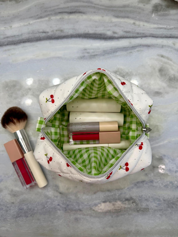 Quilted Cherry Makeup Bag | Puffy Travel Pouch, Zippered Toiletry Boxy Bag | Cherries