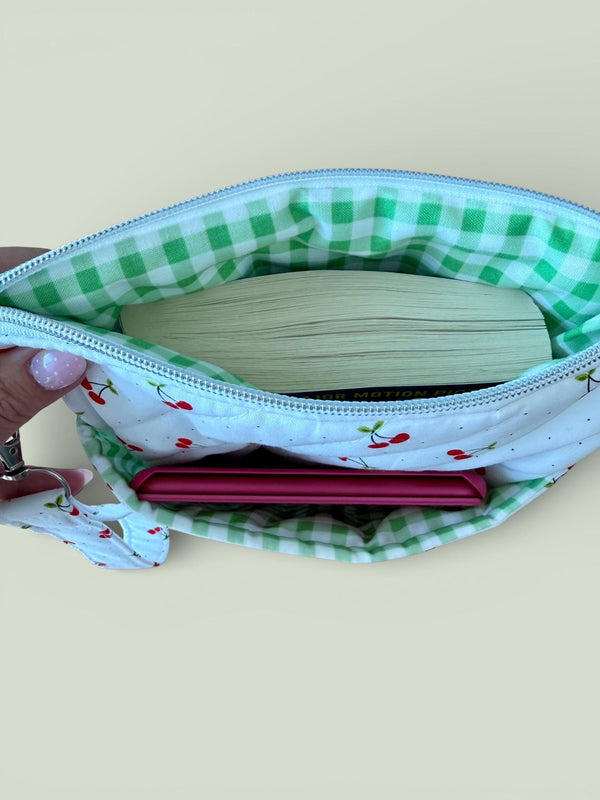Quilted Cherry Book Sleeve w/ Keychain Strap | Kindle Zippered Pouch | Travel Book Bag