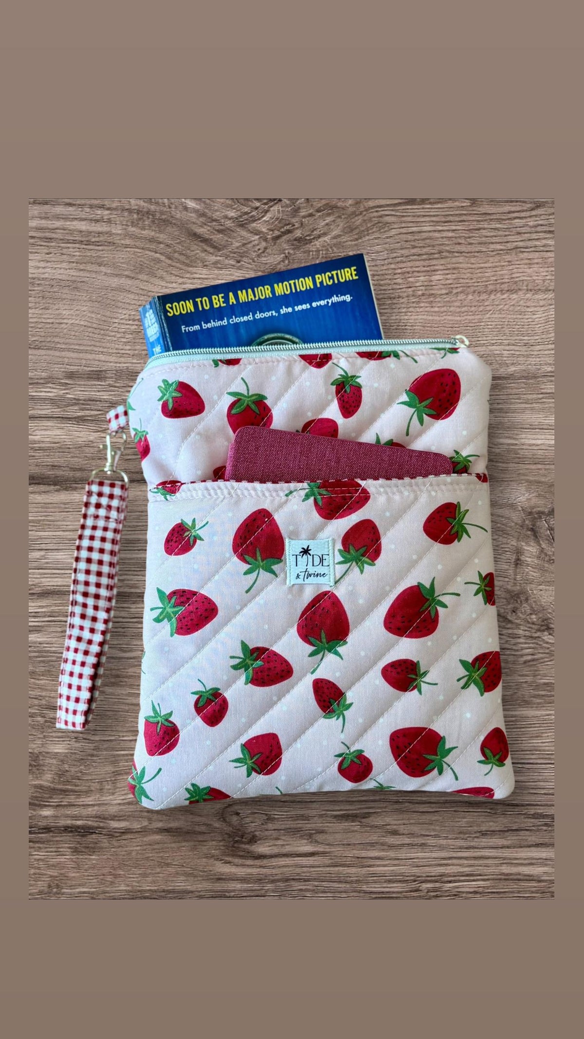 Handmade Quilted Book Sleeve w/ Keychain Strap | Strawberry Print Zippered Pouch
