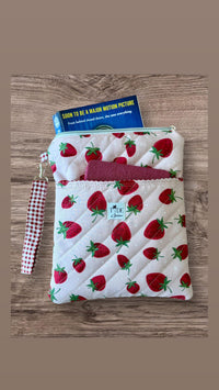 Handmade Quilted Book Sleeve w/ Keychain Strap | Strawberry Print Zippered Pouch