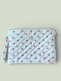 Handmade Quilted Cherry Print Laptop Sleeve w/ Carrying Keychain Strap | Puffy Padded iPad Pouch (Machine Washable)