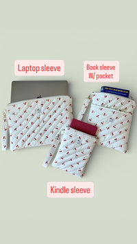 Handmade Quilted Cherry Print Laptop Sleeve w/ Carrying Keychain Strap | Puffy Padded iPad Pouch (Machine Washable)