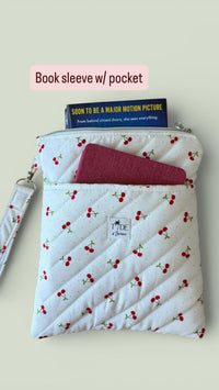 Quilted Cherry Book Sleeve w/ Keychain Strap | Kindle Zippered Pouch | Travel Book Bag