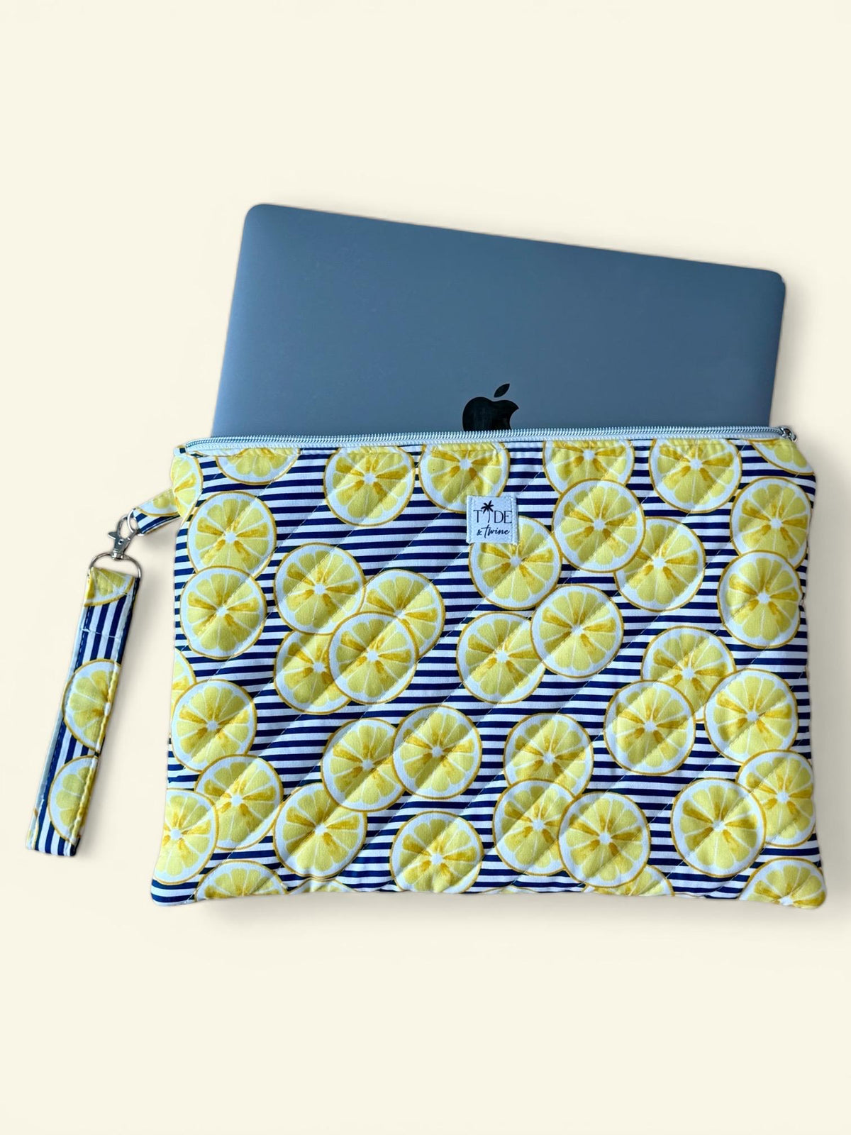 Handmade Lemon Quilted Laptop Sleeve w/ Carry Strap | Puffy Padded iPad Pouch | Zippered MacBook Travel Bag (Machine Washable)