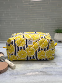Handmade Quilted Makeup Bag | Lemons | Puffy Travel Cosmetic Pouch | Zippered Toiletry Boxy Bag | Machine Washable