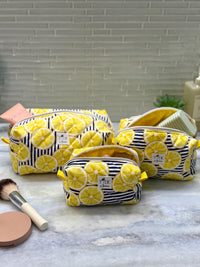 Handmade Quilted Makeup Bag | Lemons | Puffy Travel Cosmetic Pouch | Zippered Toiletry Boxy Bag | Machine Washable