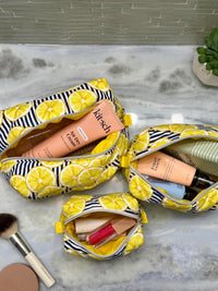 Handmade Quilted Makeup Bag | Lemons | Puffy Travel Cosmetic Pouch | Zippered Toiletry Boxy Bag | Machine Washable