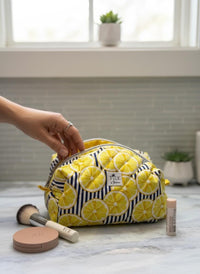 Handmade Quilted Makeup Bag | Lemons | Puffy Travel Cosmetic Pouch | Zippered Toiletry Boxy Bag | Machine Washable