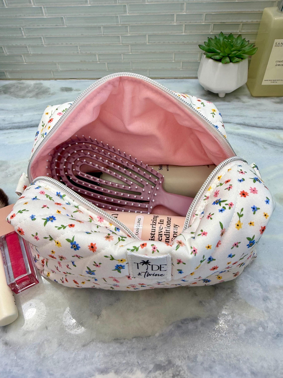 Handmade Wildflower Quilted Makeup Bag | Puffy Travel Pouch, | Zippered Cosmetic Case | Toiletry Boxy Bag