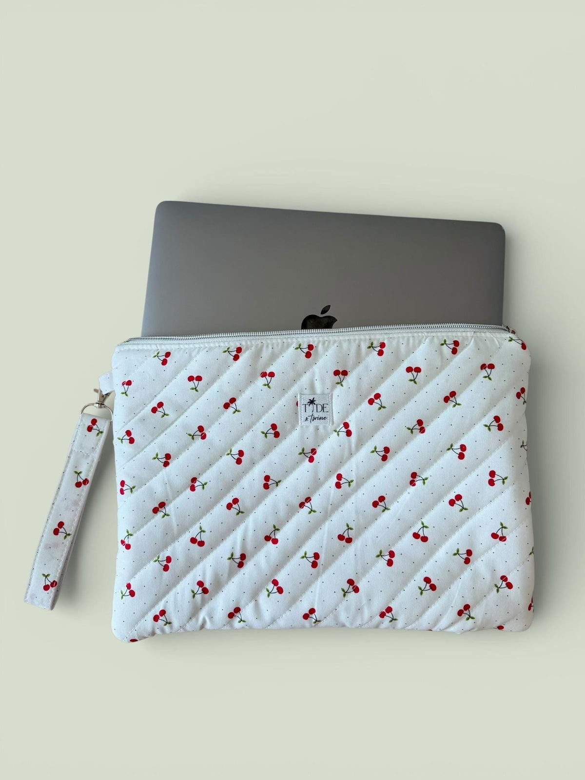 Handmade Quilted Cherry Print Laptop Sleeve w/ Carrying Keychain Strap | Puffy Padded iPad Pouch (Machine Washable)