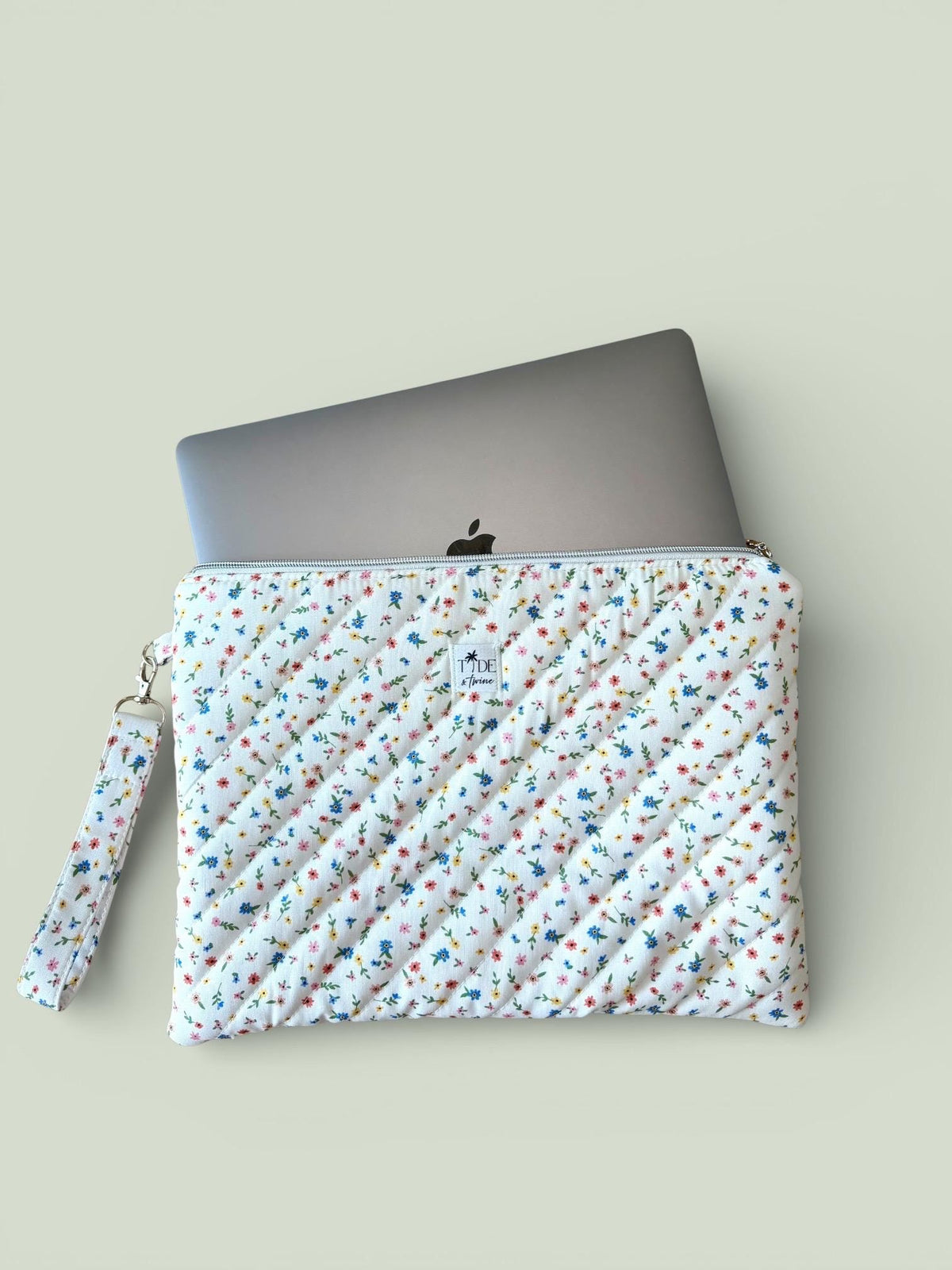 Handmade Quilted Laptop Sleeve w/ Keychain Strap | Wildflower Print Pouch, Machine Washable