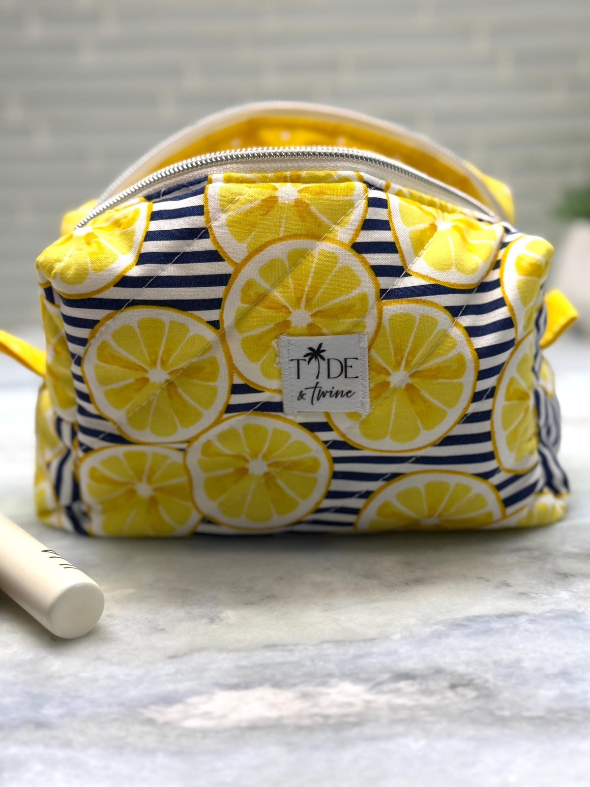 Handmade Quilted Makeup Bag | Lemons | Puffy Travel Cosmetic Pouch | Zippered Toiletry Boxy Bag | Machine Washable