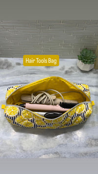Quilted Lemon Hair Tools Bag | Travel Padded  Pouch | Cosmetic Toiletry Zippered Case | Lemons Hot Tools Case