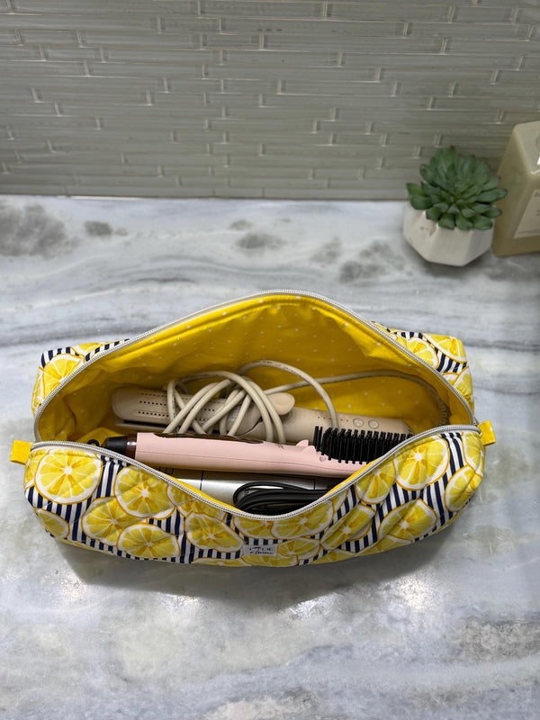 Quilted Lemon Hair Tools Bag | Travel Padded  Pouch | Cosmetic Toiletry Zippered Case | Lemons Hot Tools Case
