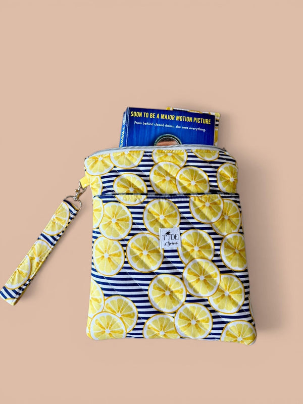 Handmade Quilted Book Sleeve w/ Keychain Strap | Lemons | Zippered Pouch for Book Lover | Lemon Reader Travel Bag (Machine Washable)