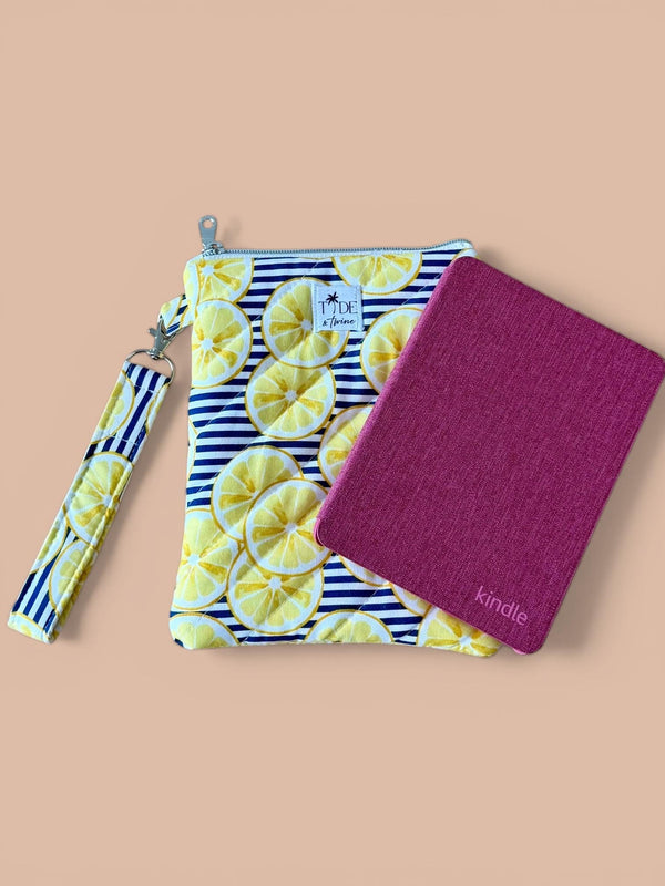Lemon Slice Quilted Kindle Sleeve w/ Carrying Strap | Zippered e-Reader Pouch (Machine Washable)