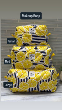 Handmade Quilted Makeup Bag | Lemons | Puffy Travel Cosmetic Pouch | Zippered Toiletry Boxy Bag | Machine Washable