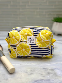 Handmade Quilted Makeup Bag | Lemons | Puffy Travel Cosmetic Pouch | Zippered Toiletry Boxy Bag | Machine Washable