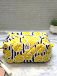 Handmade Quilted Makeup Bag | Lemons | Puffy Travel Cosmetic Pouch | Zippered Toiletry Boxy Bag | Machine Washable