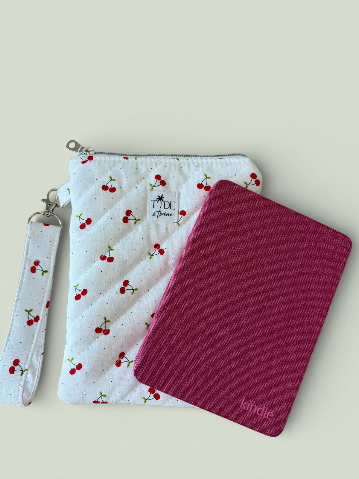 Quilted Cherry Kindle Sleeve w/ Keychain Carrying Strap | Zippered e-Reader Padded Pouch | Travel Bag in Cherries (Machine Washable)
